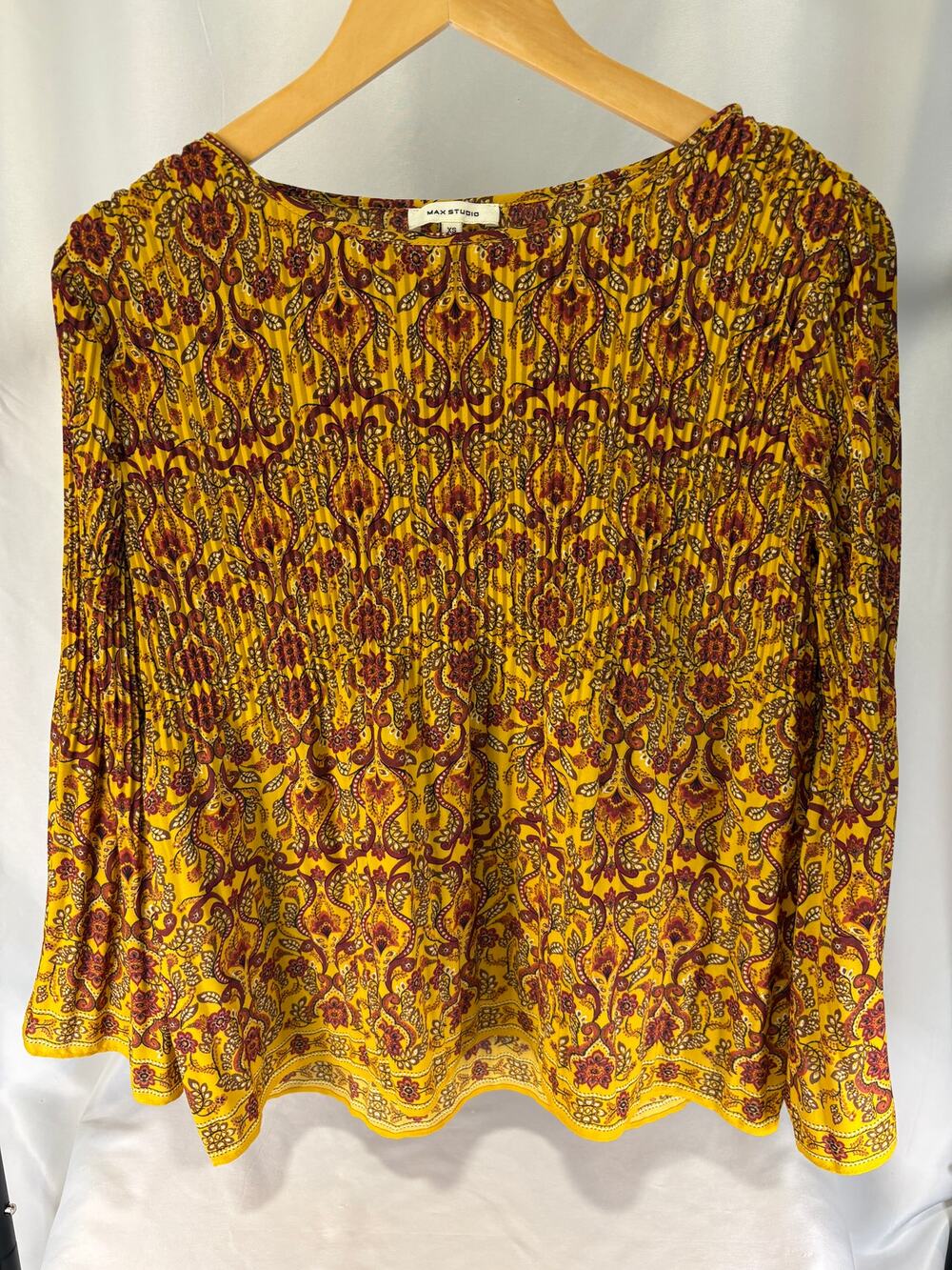 Max Studio Women’s XS Mustard Yellow Paisley Floral Long Sleeve Boho Blouse